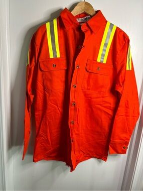 High-Visibility Sz L Fire Resistant Work Shirt Jacket Reflective Stripes Cotton